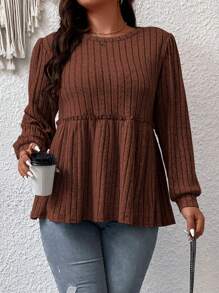Flirla Talla grande Camiseta unicolor ribete fruncido peplum - Café integral - Ver 7