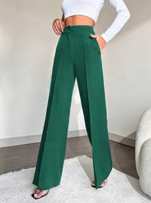 EURMUSE Slant Pocket Wide Leg Suit Pants - Green - View 3