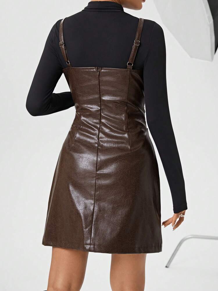 Women's Solid Color Pu Spaghetti Strap Dress