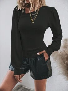Chiquease Women's Asymmetrical Neckline Lantern Sleeve Knit Pullover Fall Winter Sweater - Black - View 4