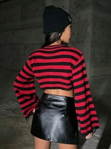 Muchica Casual Striped Flared Sleeve Cropped Sweater, Autumn