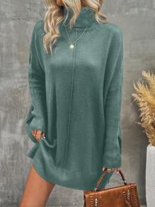 SHEIN LUNE Women's Solid Color High Neck Batwing Sleeve Sweater Dress - Green - View 1