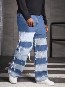 Manfinity RebelGame Men's Plus Size Loose Fit Jeans With Frayed Hem - Blue - View 4