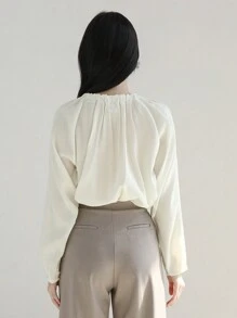 DAZY 纯色女士衬衫，带领带，长袖 - 白色 - 查看 2
