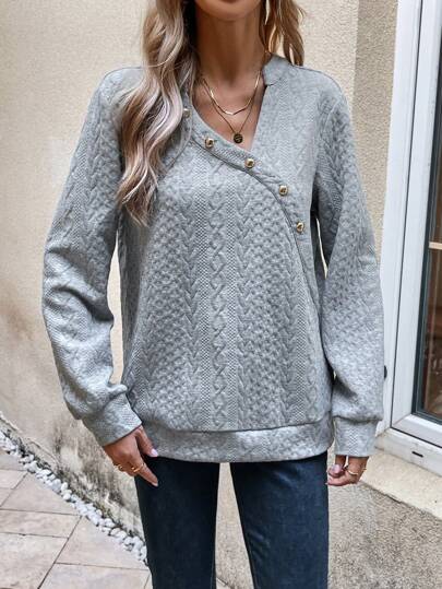 EMERY ROSE Sudadera De Mujer De Color Sólido Con Cuello Asimétrico Y Detalle De Botón