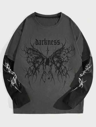 Goth Men Color Block Letter Printed Long Sleeve T-Shirt, School