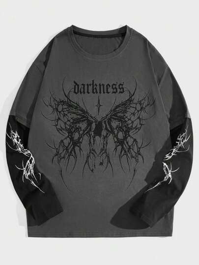 Goth Men Color Block Letter Printed Long Sleeve T-Shirt, School, Fall