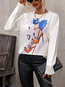 SHEIN LUNE Women's High Heels Printed Round Neck Sweater Knit Pullover Fall Winter Outfit
