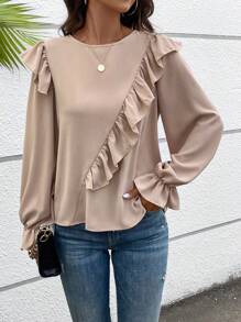 SHEIN LUNE Women's Ruffle Hem Back Button Shirt - Khaki - View 5