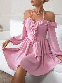 SHEIN Privé Của phụ nữ Tay áo lồng đèn Trang trí ren Halter Neck Đầm - Màu Hồng baby - Xem 6