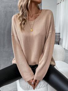 SHEIN LUNE Của phụ nữ Cổ chữ V Thả vai Màu thuần Áo len - Màu Khaki - Xem 6