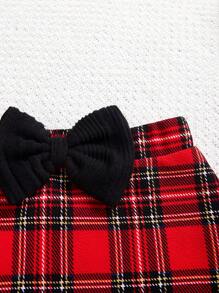 SHEIN Cô gái Tween Dệt kim Màu thuần Đứng cổ áo Áo & Kẻ sọc Bộ váy Với Túi đeo chéo - màu đen - Xem 5