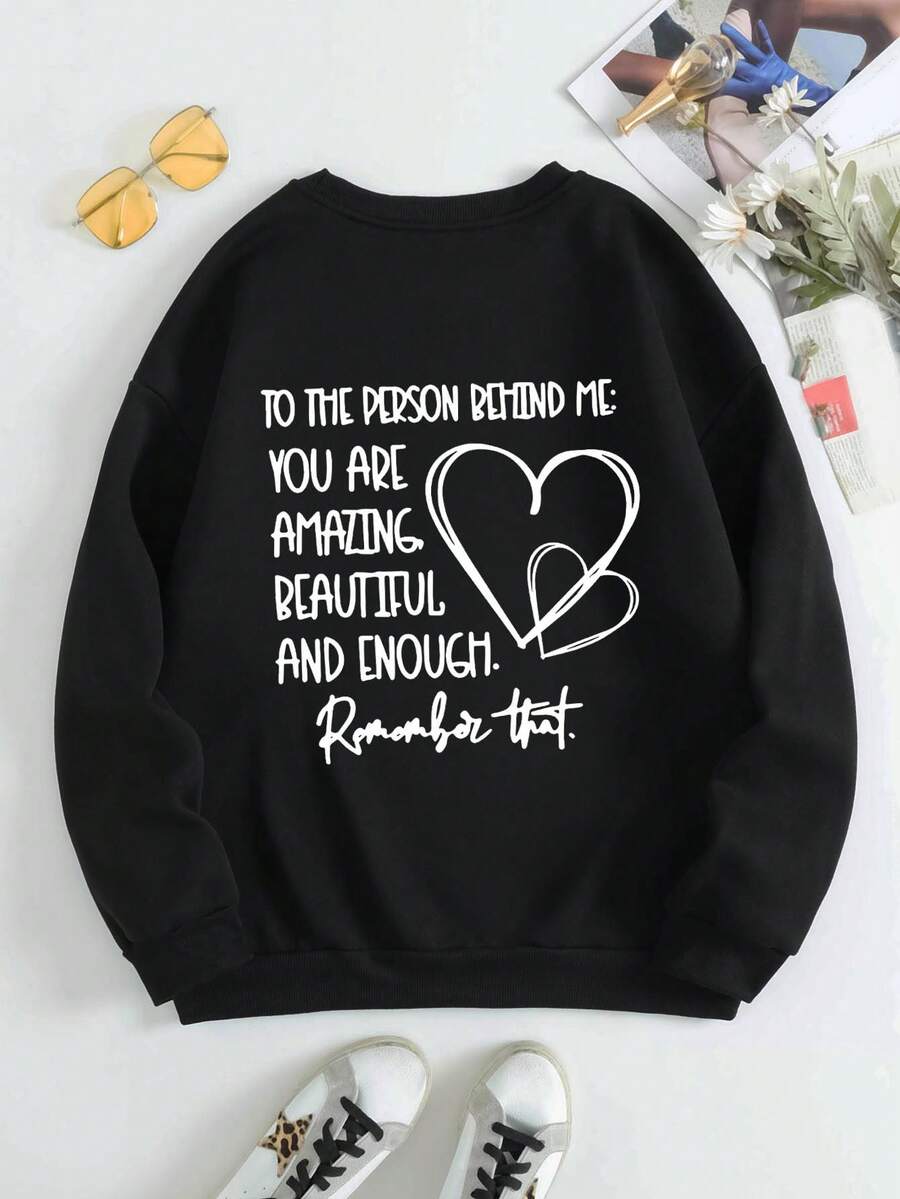 SHEIN LUNE Của phụ nữ Love In Khẩu hiệu Lông cừu Áo nỉ - màu đen - Xem 1
