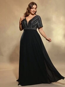 UNITHORSE Plus Size Women V-Neck Sequins Chiffon Patchwork Dress Party Dress Wedding Guest Dress Formal Dress Evening Dress,Gown - Black - View 4