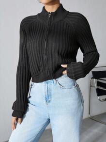 SHEIN Unity 女款拉鍊插肩袖開襟衫 - 黑色 - 查看 6