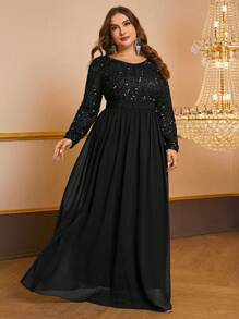 YISIKADO 女款大尺碼舞會晚禮服亮片 V 領長袖連身裙 - 黑色 - 查看 1