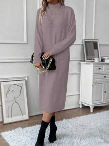 SHEIN Clasi Solid Color Stand Collar Drop Shoulder Long Sleeve Dress - Dusty Pink - View 4