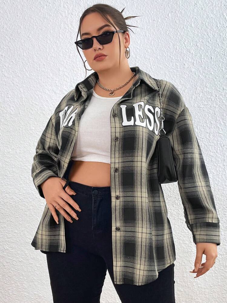 Plus Size Plaid Print Shirt With Lettering Design