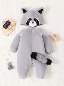 SHEIN 嬰兒男童3d浣熊圖案連身衣與刺繡帽子 - 灰色 - 查看 2