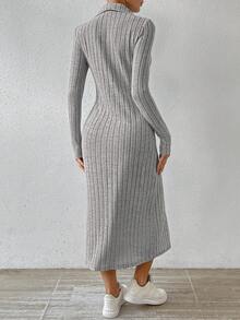 SHEIN Essnce 女士純色鬆緊身連身裙,帶口袋和半拉鍊 - 灰色 - 查看 2