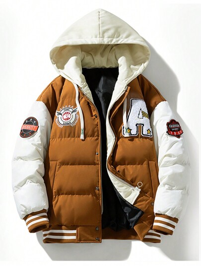 メンズ ロング丈 ストライプ柄 パデッド コート フード付き ドロー