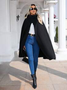 SHEIN Clasi Hooded Cape Coat - Black - View 1