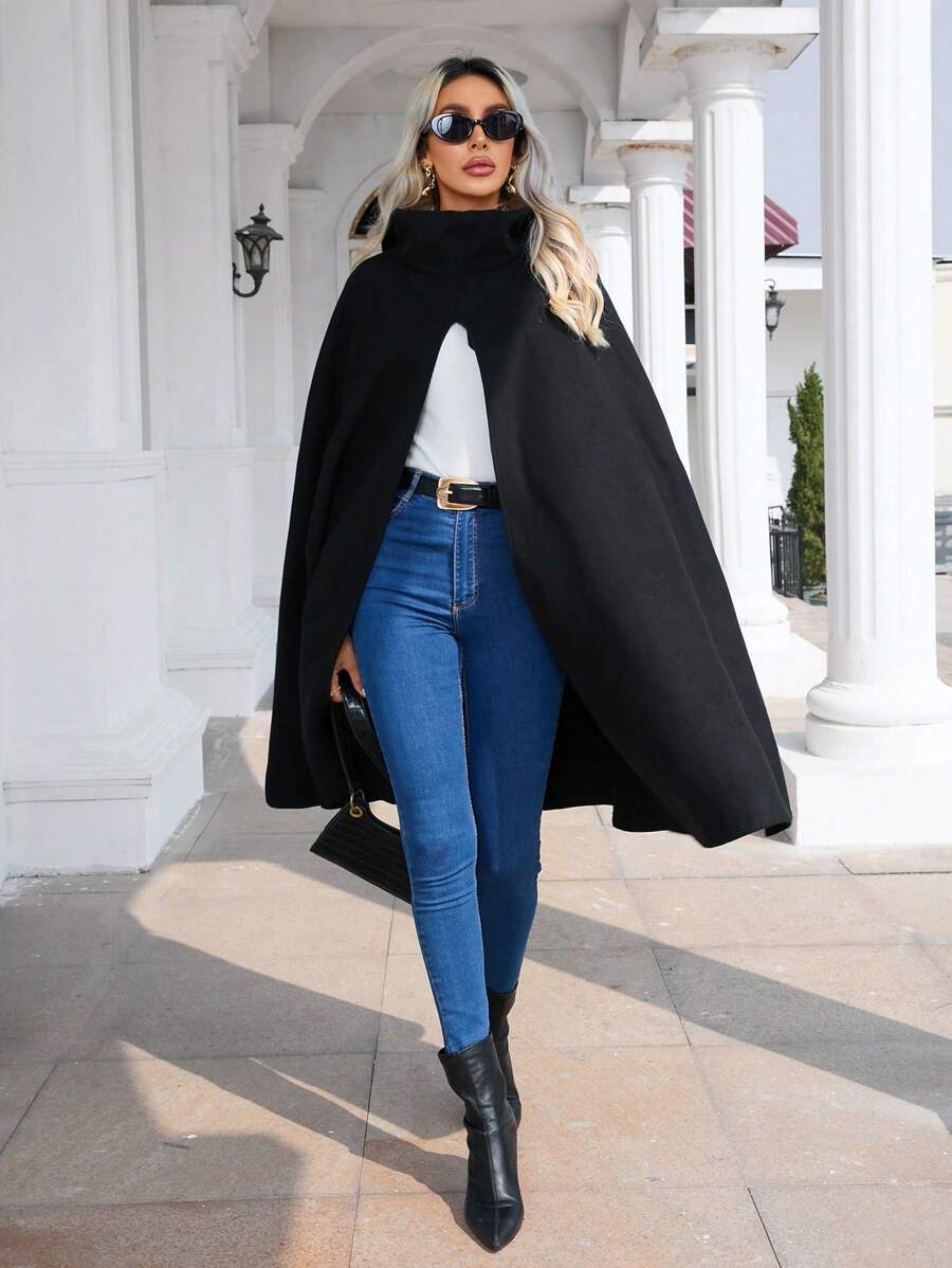 SHEIN Clasi Hooded Cape Coat - Black - View 1