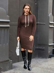 SHEIN Essnce Talla grande Vestido sudadera con capucha tejido de canalé con cordón - Café integral - Ver 6