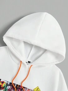 Willy Wonka and the Chocolate Factory X SHEIN Plus號字母&花園圖形束口帽白色連帽衛衣 - 白色 - 查看 4