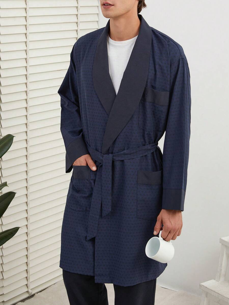 RueChic Men's Shawl Collar Tie Belted Bathrobe - Navy Blue - View 1