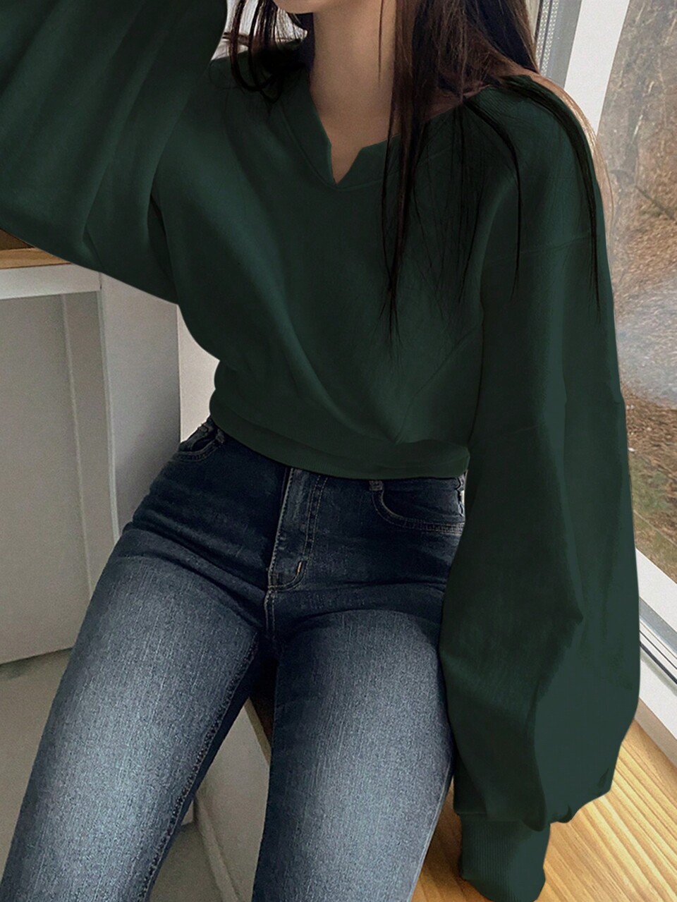 Solid Color Notched Collar Crop Sweatshirt,Long Sleeve Tops,Fall Women Clothes