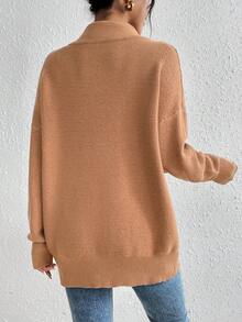 SHEIN Essnce 女士立領下擺寬鬆毛衣 - 米色 - 查看 2