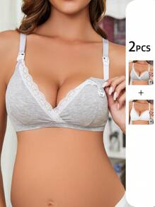 Moonlight&Mama Maternity 2pcs/Set Nursing Bra With Lace Trim Lingerie - Multicolor - View 1