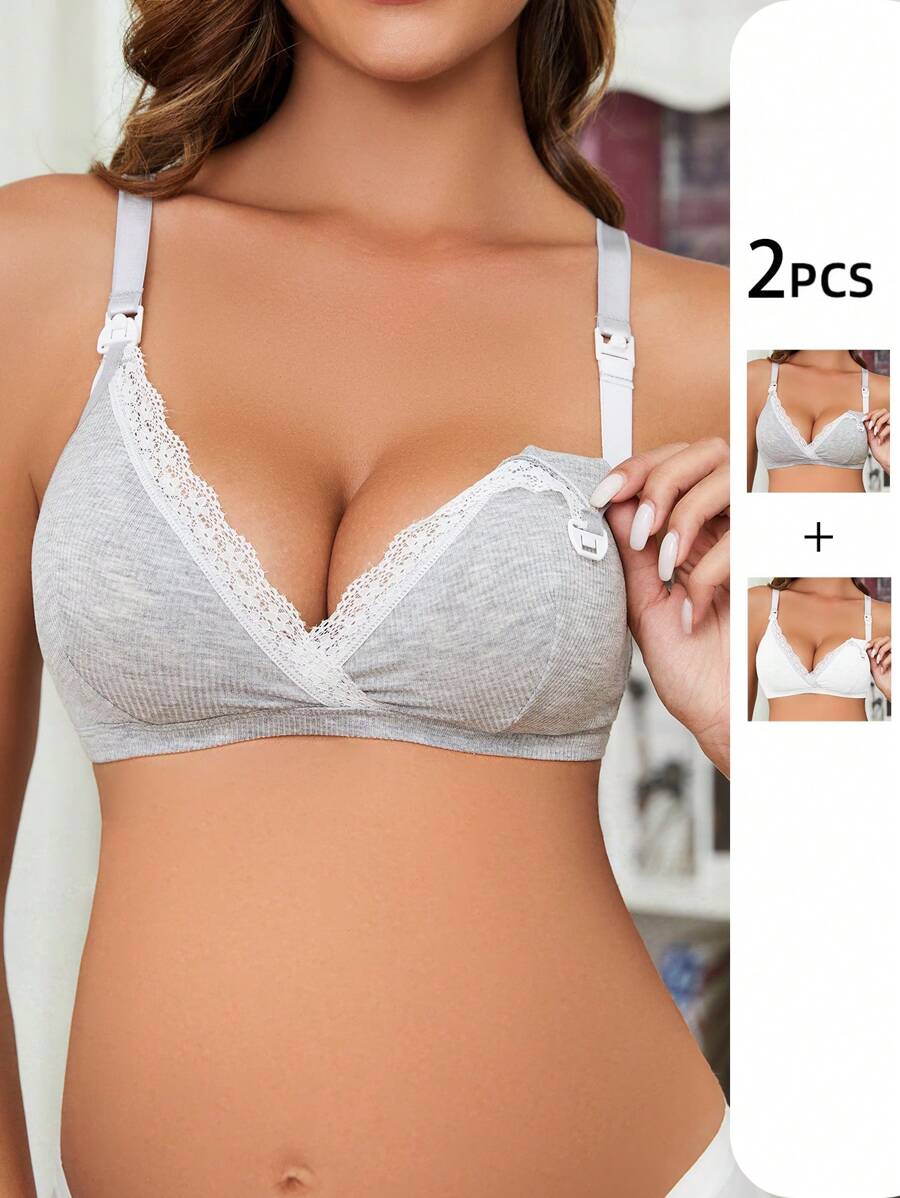 Moonlight&Mama Maternity 2pcs/Set Nursing Bra With Lace Trim Lingerie - Multicolor - View 1