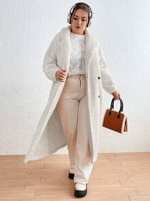 Flirla 加大號翻領雙排扣泰迪外套 - 杏色 - 查看 7