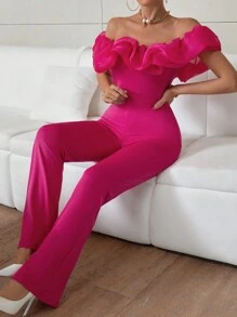 SHEIN Privé Ladies Off Shoulder Lace Trim Flared Jumpsuit - Hot Pink - View 3