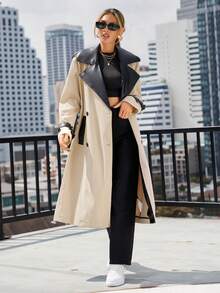 Aveloria Spliced Pu Belt Trench Coat - Khaki - View 2