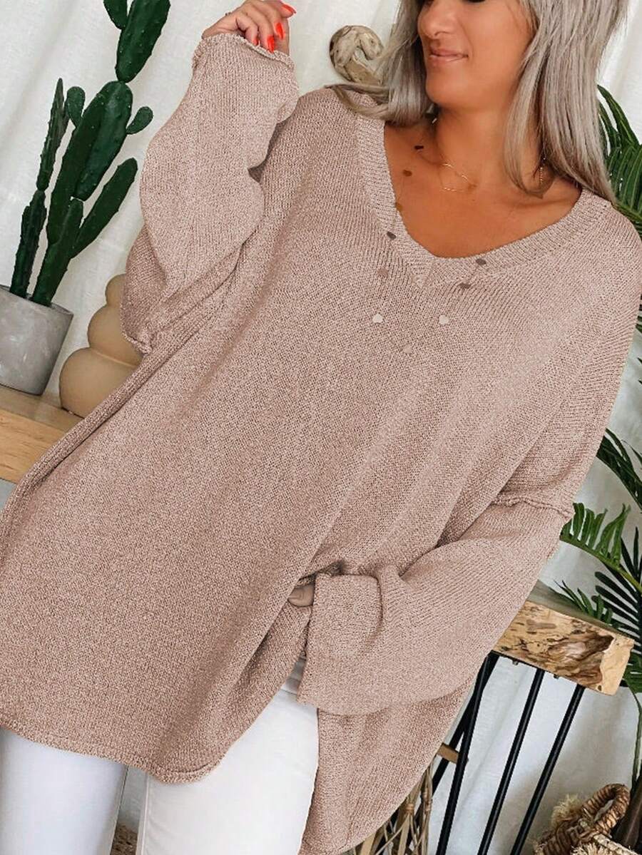 SHEIN LUNE Của phụ nữ Cổ chữ V Thả vai Màu thuần Áo len - Màu Khaki - Xem 1