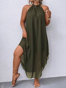 SHEIN Clasi Plus Size Stylish Green Halter Neck Dress, Women Outfit - Army Green - View 4