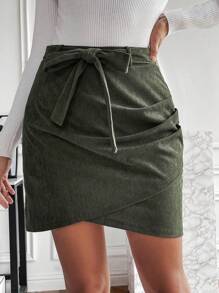 SHEIN Clasi Wrapover Pleated Belted Skirt - Army Green - View 1