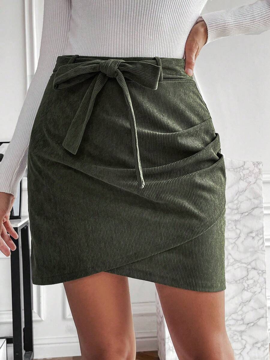 SHEIN Clasi Wrapover Pleated Belted Skirt - Army Green - View 1