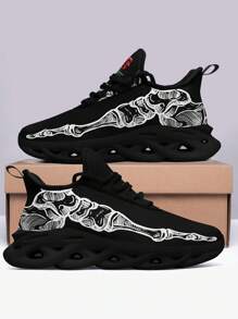 Men's Skull & Hand Bone Print Trail Running Shoes With Blade Outsole, Comfortable Breathable Lightweight Shock Absorption Cushioned Soft Sole