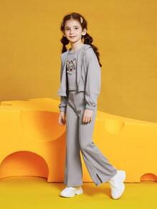 TOM & JERRY X SHEIN Tween Girls' Cartoon Pattern Hoodie & Vest & Pants Set - Grey - View 9