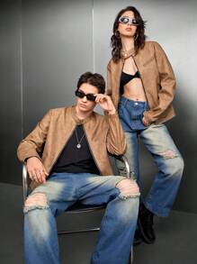 Manfinity VCAY 1pc Men's Loose Fit Woven Casual Pu Leather Jacket, For Fall Winter - Rust Brown - View 1