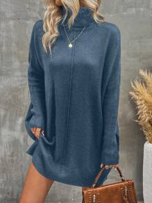 SHEIN LUNE Của phụ nữ Màu thuần Cổ cao tay cánh Đầm Áo len - Màu xanh bụi bặm - Xem 1