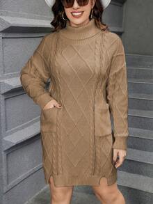 Calvaya Plus Size Women'S Cable Knit High Neck Sweater Dress - Khaki - View 4