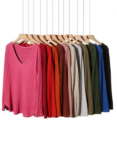 EMERY ROSE Plus Size Solid V-Neck Ribbed Long Sleeve T-Shirt Fall Cloth For Women