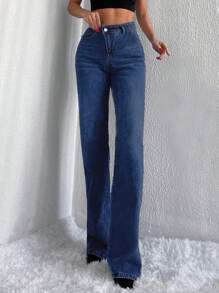 Cottnline High Waist Straight Leg Jeans - Blue - View 3