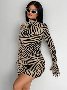 SHEIN SXY Zebra Pattern High Neck Full Long Sleeve Bodycon Dress With Attached Finger Gloves - Khaki - View 3