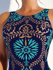 Swim Lushoire Summer Beach Graphic Print One Piece Swimsuit - Navy Blue - View 3